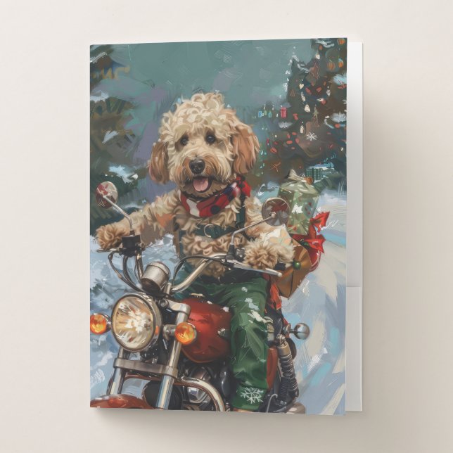 Cockapoo Dog Riding Motorcycle Christmas Pocket Folder (Front)