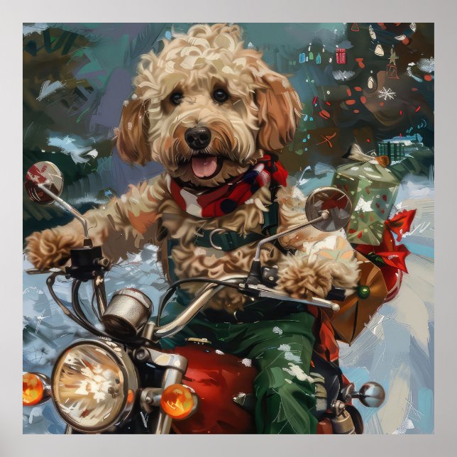 Cockapoo Dog Riding Motorcycle Christmas Poster (Front)