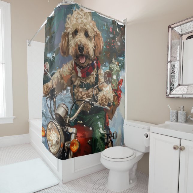 Cockapoo Dog Riding Motorcycle Christmas Shower Curtain (In Situ)
