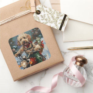 Cockapoo Dog Riding Motorcycle Christmas Square Sticker