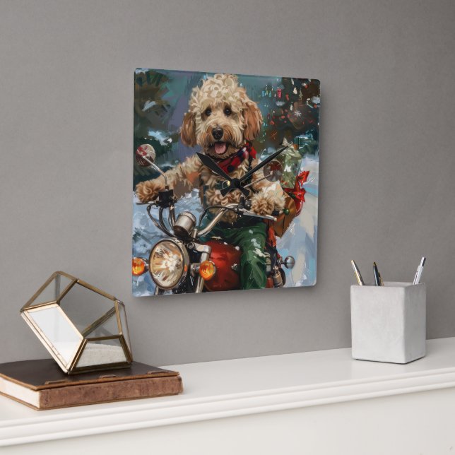 Cockapoo Dog Riding Motorcycle Christmas Square Wall Clock (Office)
