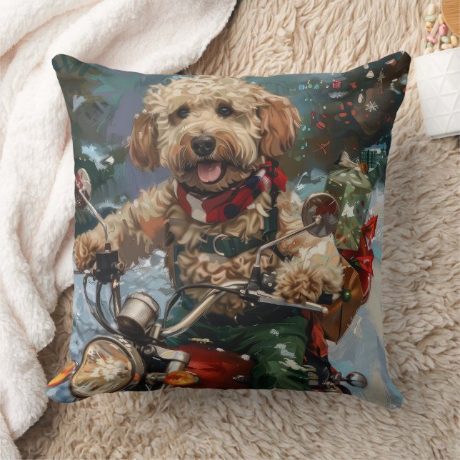 Cockapoo Dog Riding Motorcycle Christmas Throw Pillow (Blanket)