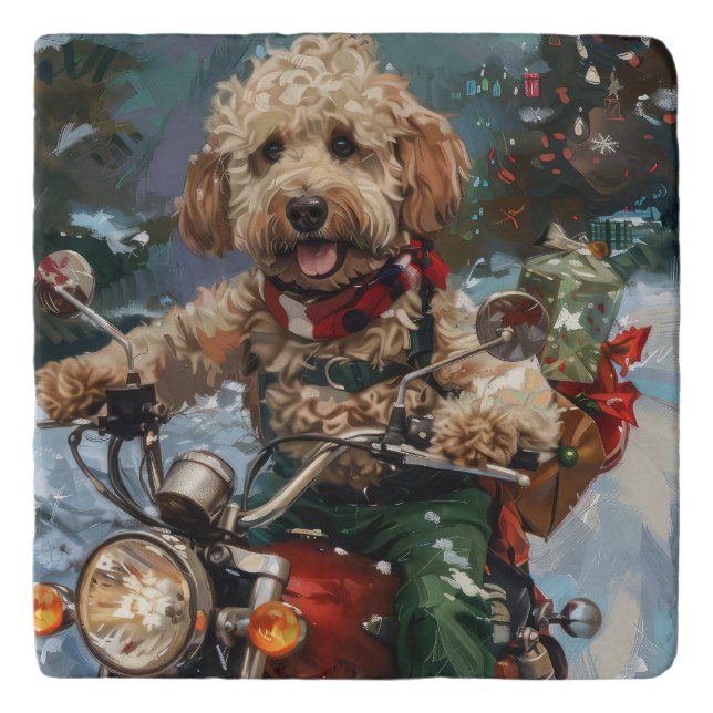 Cockapoo Dog Riding Motorcycle Christmas Trivet (Front)