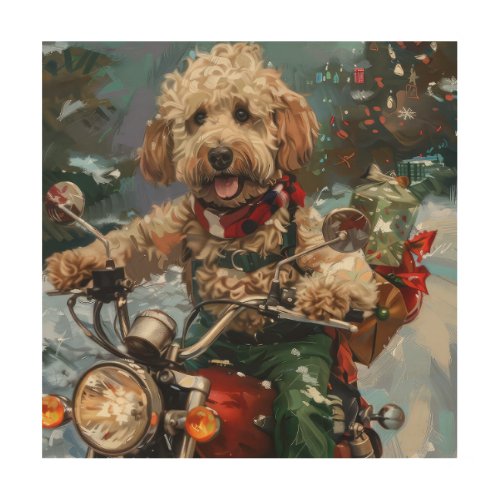 Cockapoo Dog Riding Motorcycle Christmas Wood Wall Art