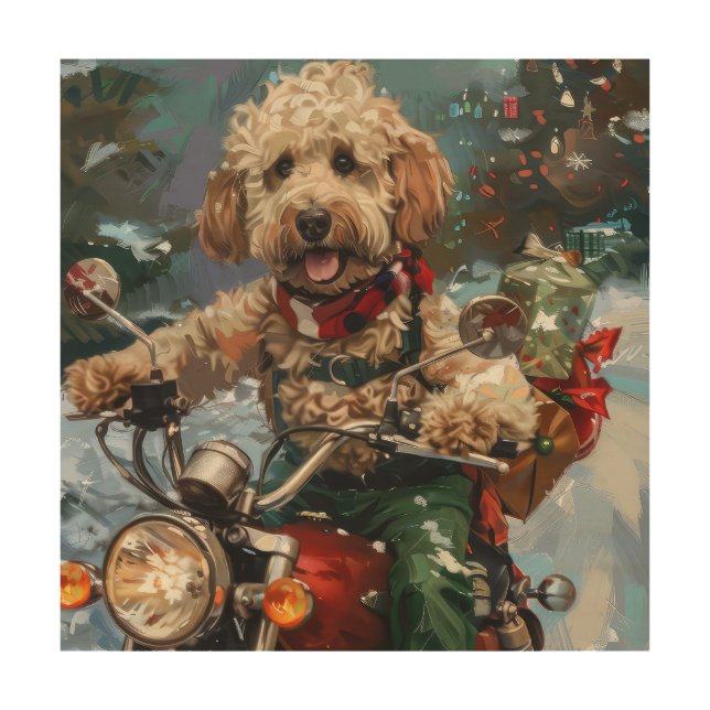 Cockapoo Dog Riding Motorcycle Christmas Wood Wall Art (Front)