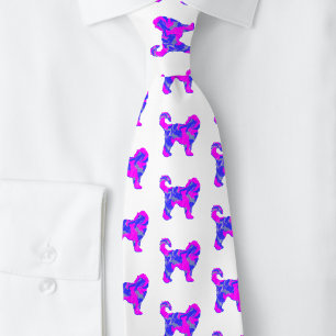 Cockapoo Dog Silhouette Pink & Blue Abstract Neck Tie
