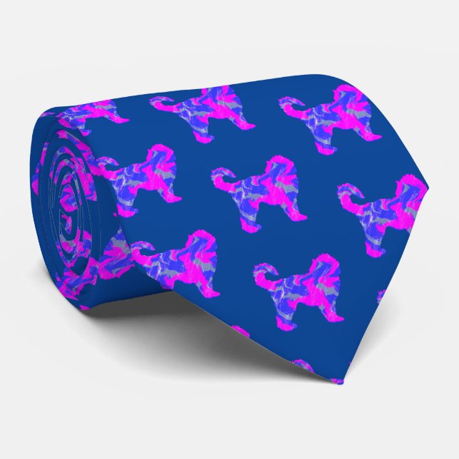 Cockapoo Dog Silhouette Pink & Blue Dark Blue Neck Tie (Rolled)
