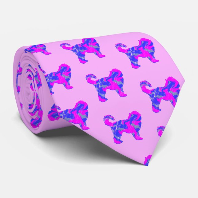 Cockapoo Dog Silhouette Pink & Blue Light Pink Neck Tie (Rolled)