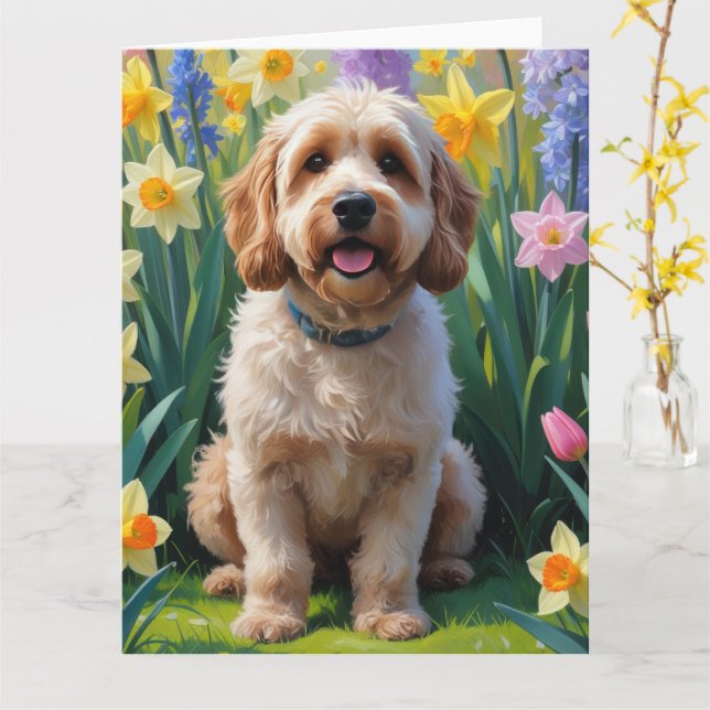 Cockapoo Dog Spring Flowers Painting Card (Yellow Flower)