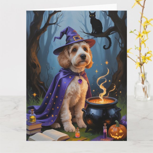 Cockapoo Dog Whimsical Halloween Painting Card (Yellow Flower)