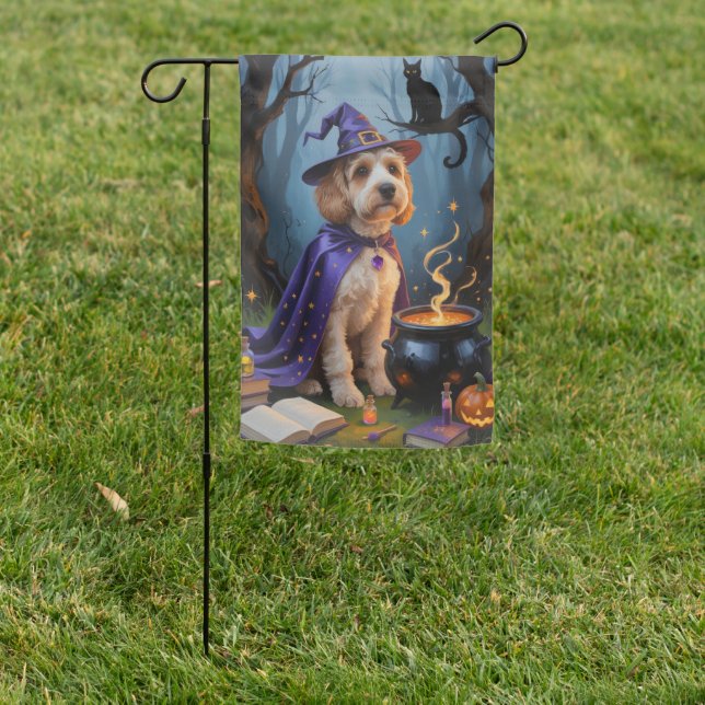 Cockapoo Dog Whimsical Halloween Painting Garden Flag (In SItu)