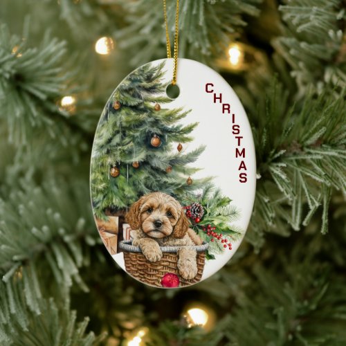 Cockapoo Dog Wicker Basket Christmas Ceramic Ornament