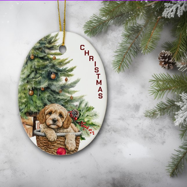 Cockapoo Dog Wicker Basket Christmas Ceramic Ornament (Creator Uploaded)