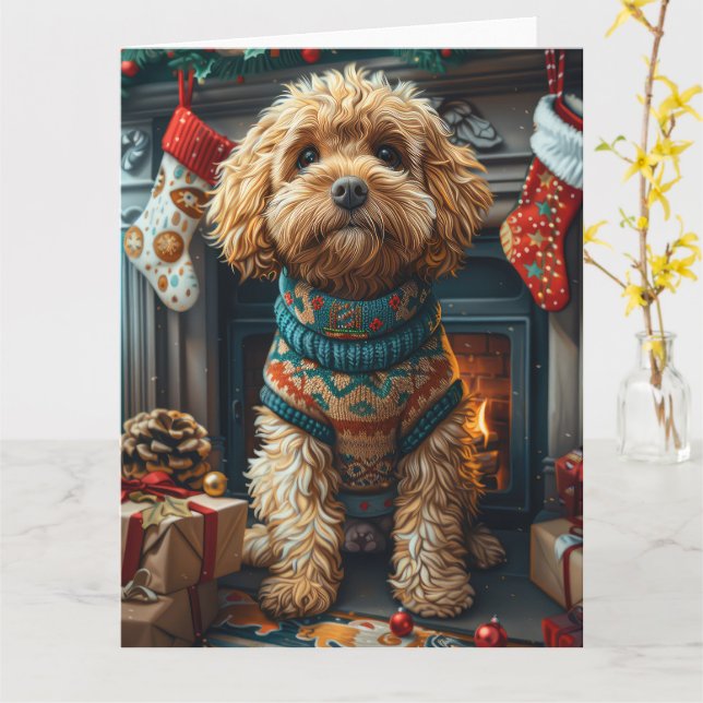 Cockapoo Dog With Christmas Gifts Fireplace Card (Yellow Flower)