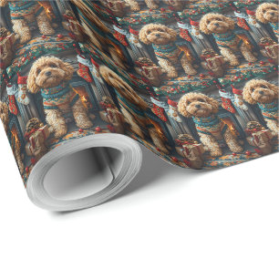 Cockapoo Dog With Christmas Gifts Fireplace Wrapping Paper