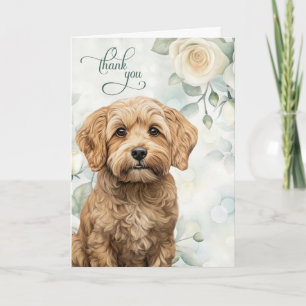 Cockapoo Dog with White Roses and Sage Green Thank You Card