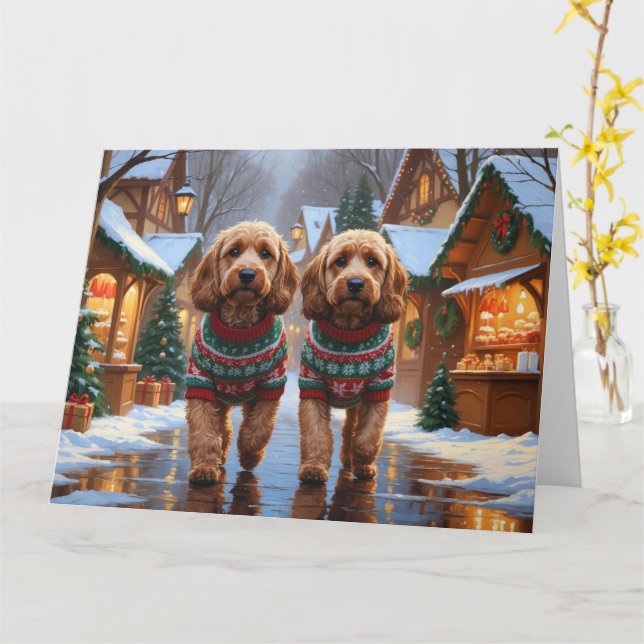 Cockapoo Dogs Christmas Snow Holiday  Card (Yellow Flower)