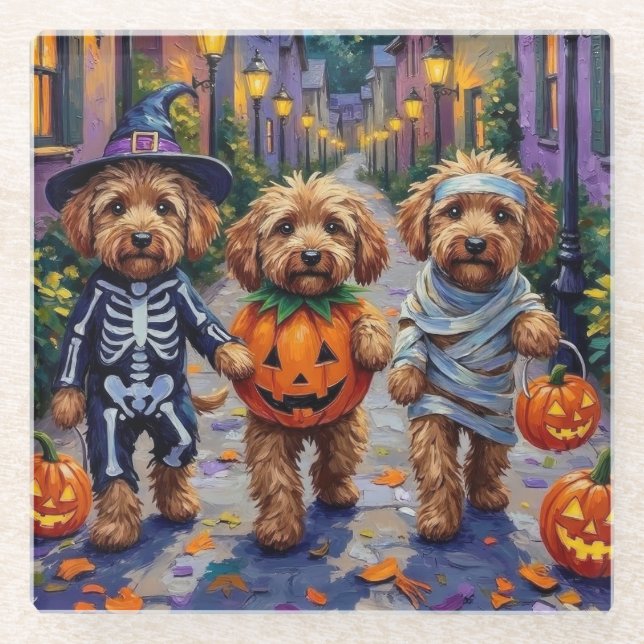 Cockapoo Dogs Trick-or-Treating Halloween Costume Glass Coaster (Front)