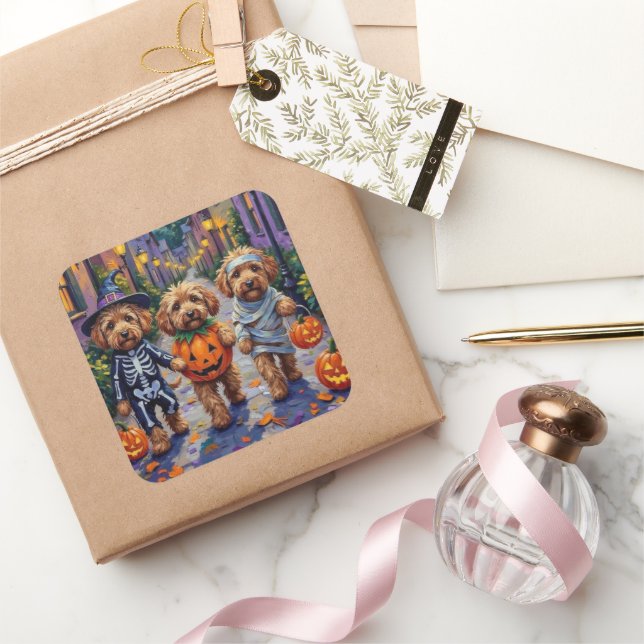 Cockapoo Dogs Trick-or-Treating Halloween Costume Square Sticker (Gifting)