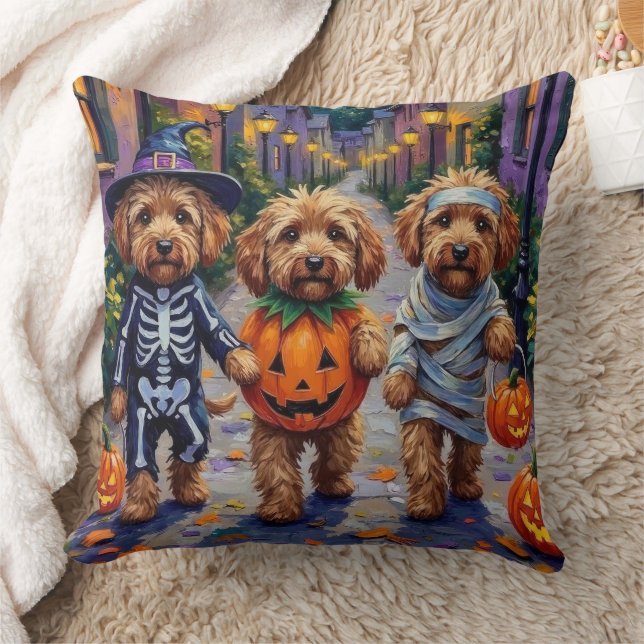 Cockapoo Dogs Trick-or-Treating Halloween Costume Throw Pillow (Blanket)