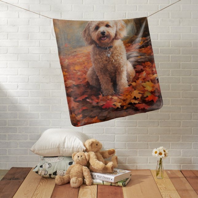 Cockapoo in Autumn Leaves Fall Inspire Baby Blanket (In Situ)