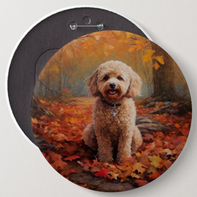 Cockapoo in Autumn Leaves Fall Inspire Button (Front & Back)