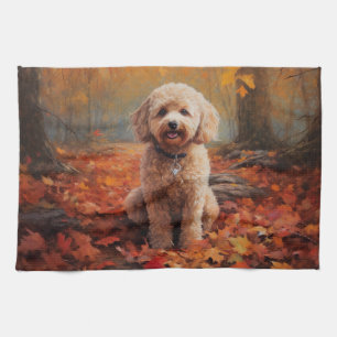 Cockapoo in Autumn Leaves Fall Inspire Kitchen Towel