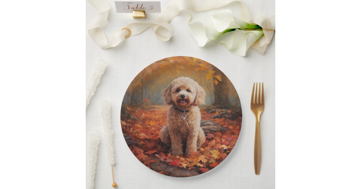 Cockapoo in Autumn Leaves Fall Inspire Paper Plates | Zazzle