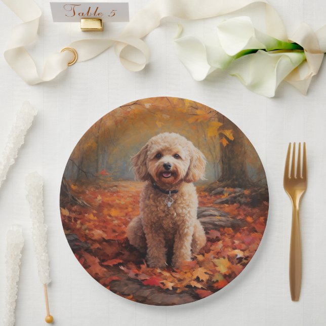Cockapoo in Autumn Leaves Fall Inspire Paper Plates (Wedding)