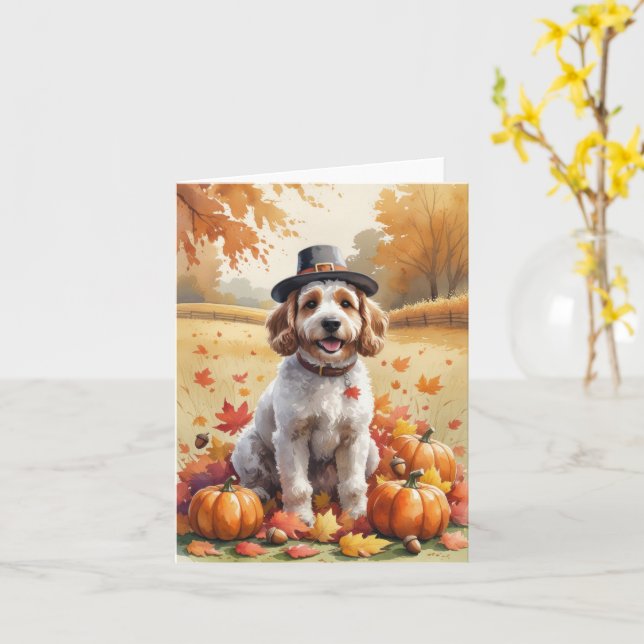Cockapoo In Autumn Leaves Thanksgiving Art Card (Yellow Flower)