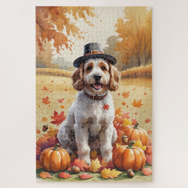 Cockapoo In Autumn Leaves Thanksgiving Art Jigsaw Puzzle (Vertical)