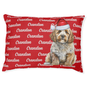 Cockapoo on Red with Name Christmas Pet Bed