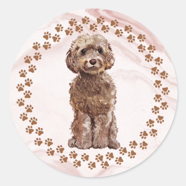 Cockapoo Paw Prints and Marble Background Classic Round Sticker (Front)
