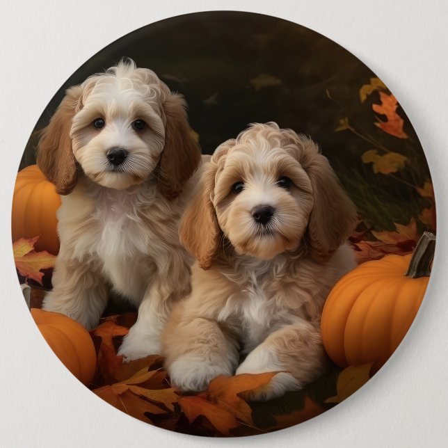 Cockapoo Puppy Autumn Delight Pumpkin  Button (Front)