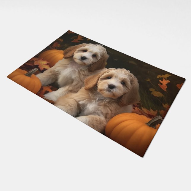 Cockapoo Puppy Autumn Delight Pumpkin  Doormat (Angled)