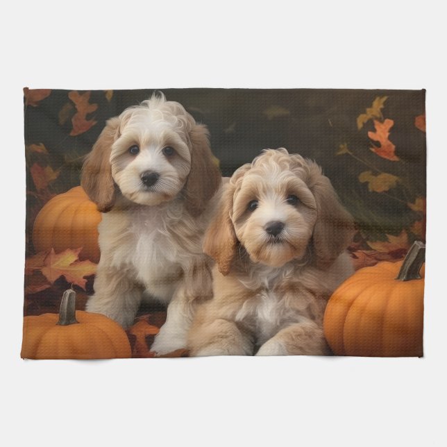 Cockapoo Puppy Autumn Delight Pumpkin  Kitchen Towel (Horizontal)