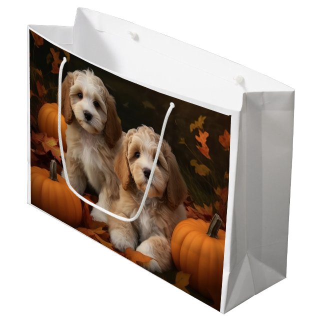 Cockapoo Puppy Autumn Delight Pumpkin  Large Gift Bag (Front Angled)