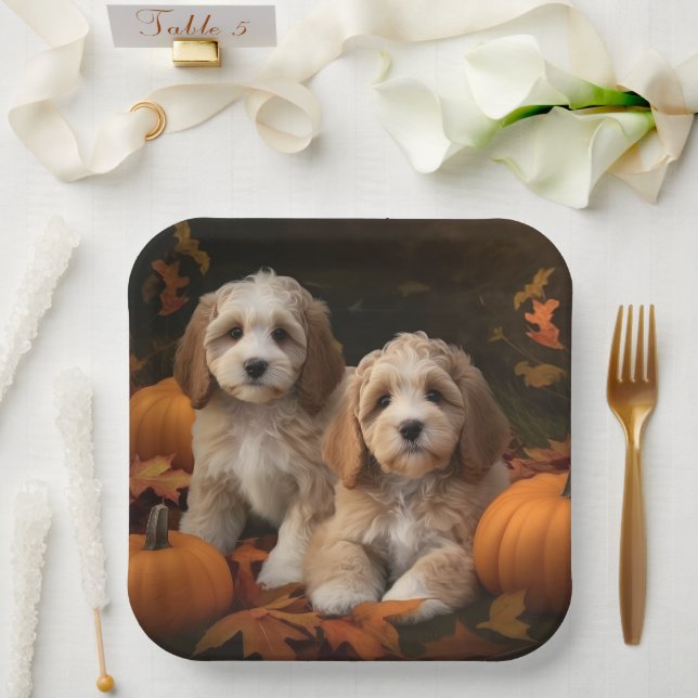 Cockapoo Puppy Autumn Delight Pumpkin  Paper Plates (Wedding)