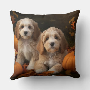 Cockapoo Puppy Autumn Delight Pumpkin  Throw Pillow