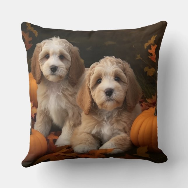 Cockapoo Puppy Autumn Delight Pumpkin  Throw Pillow (Back)