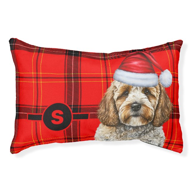 Cockapoo Red Plaid with Dog's Monogram Pet Bed (Front)