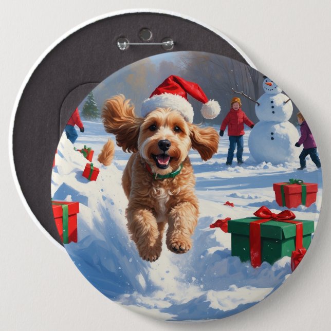 Cockapoo Running in Snow with Christmas Hat Button (Front & Back)