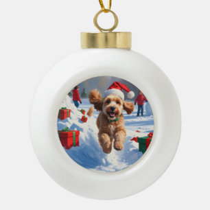 Cockapoo Running in Snow with Christmas Hat Ceramic Ball Christmas Ornament