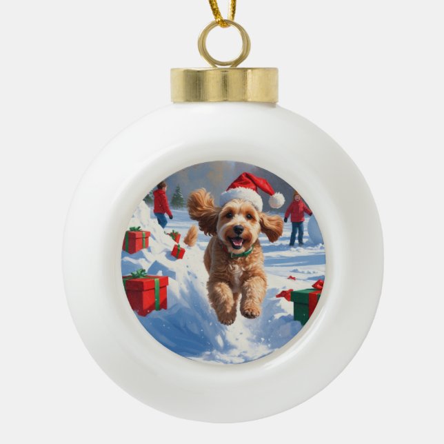 Cockapoo Running in Snow with Christmas Hat Ceramic Ball Christmas Ornament (Front)