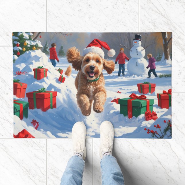 Cockapoo Running in Snow with Christmas Hat Doormat (Indoor)