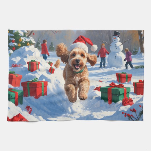 Cockapoo Running in Snow with Christmas Hat Kitchen Towel (Horizontal)
