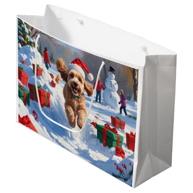 Cockapoo Running in Snow with Christmas Hat Large Gift Bag (Front Angled)