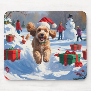 Cockapoo Running in Snow with Christmas Hat Mouse Pad