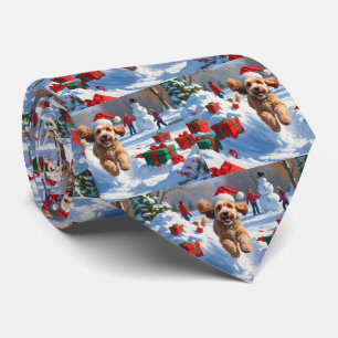 Cockapoo Running in Snow with Christmas Hat Neck Tie