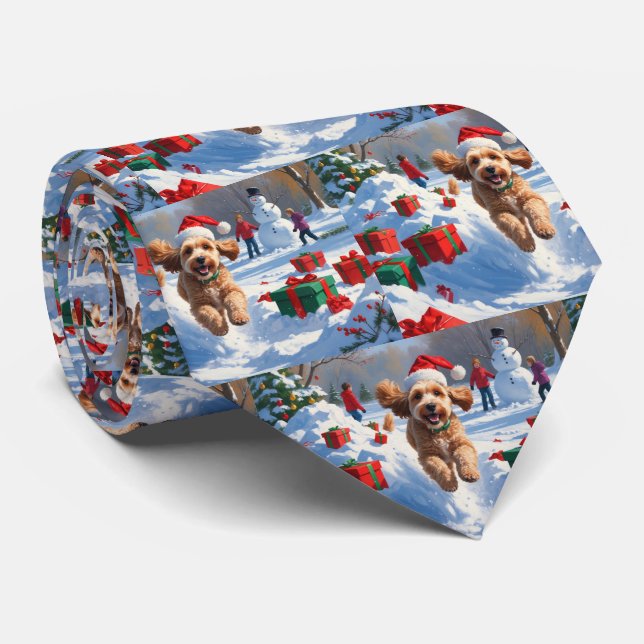 Cockapoo Running in Snow with Christmas Hat Neck Tie (Rolled)